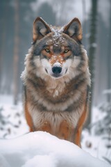 A majestic wolf braves the freezing winter as it stands tall in the snowy landscape, embodying the strength and resilience of its wild canine kin