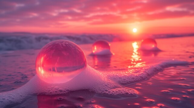 As the fiery red sun dips below the horizon, the sky is painted with pastel clouds while bubbles dance on the tranquil water of the beach, creating a peaceful and picturesque outdoor scene