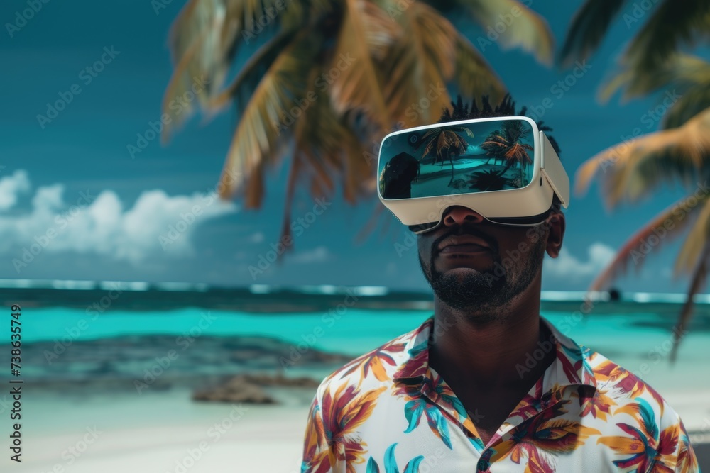 Poster A man stands on a beach wearing a virtual reality headset. This image can be used to illustrate the concept of virtual reality technology and its applications in various industries