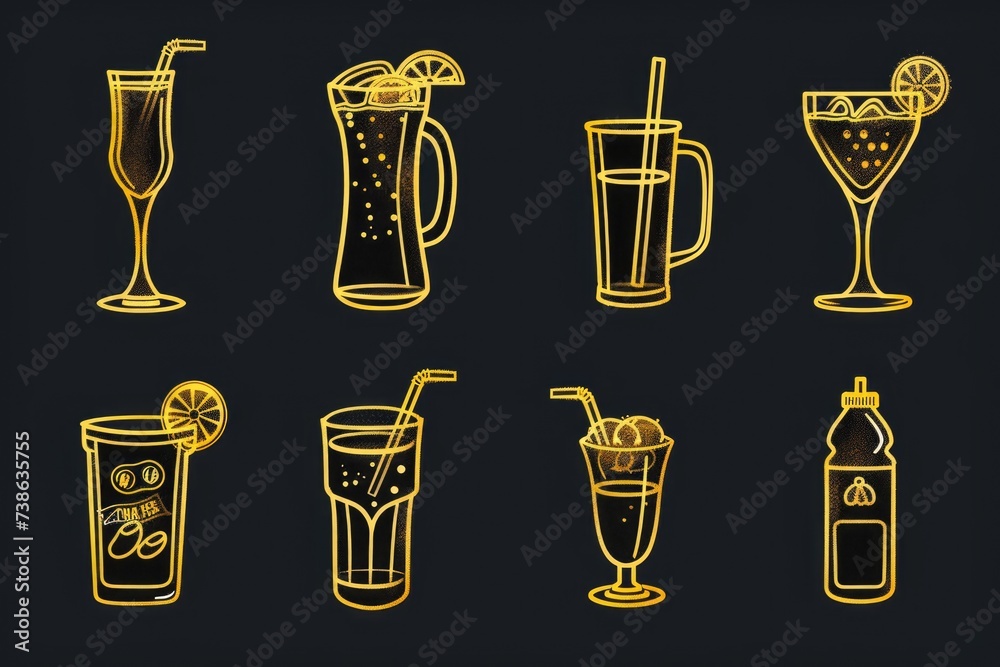 Poster a variety of different types of drinks displayed on a sleek black background. perfect for showcasing