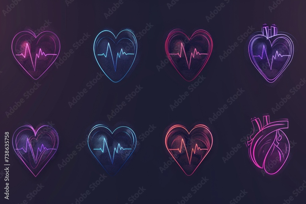 Poster a set of neon heart icons on a black background. perfect for adding a touch of love and romance to a