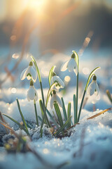 Colorful snowdrop flowers and grass growing from the melting snow and sunshine in the background. Concept of spring coming and winter leaving. - 738635711