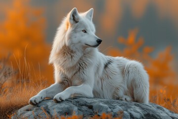 A majestic white wolf basks in the warm glow of the sun, its snout pointed towards the sky as it rests on a rugged rock, embodying the untamed beauty of the wild