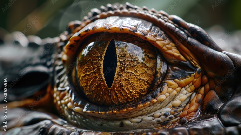 Poster a detailed close-up view of a crocodile's eye. this image can be used to depict the intense gaze and