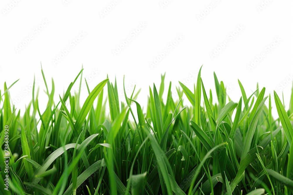 Poster a picture of a field covered in vibrant green grass with a clear white sky in the background. suitab