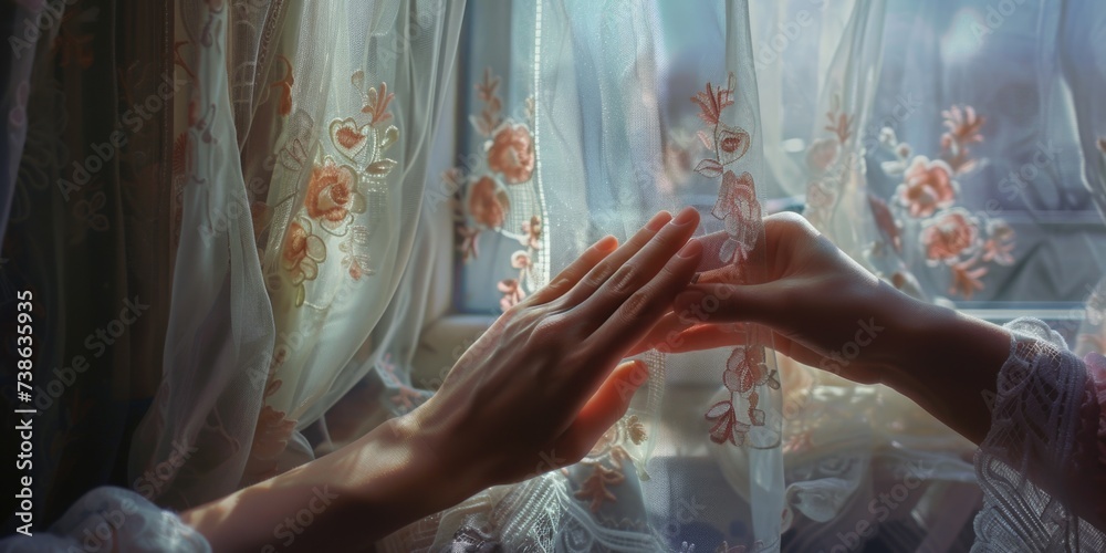 Poster Two hands are touching each other in front of a window. This image can be used to depict love, connection, support, or unity in various contexts