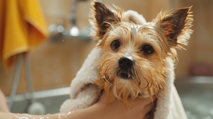 A small dog is being washed in a bathtub. This image can be used to depict pet grooming and cleanliness
