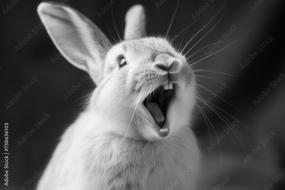 Poster A close-up view of a rabbit with its mouth open. Perfect for illustrating expressions, animal behavior, or wildlife photography