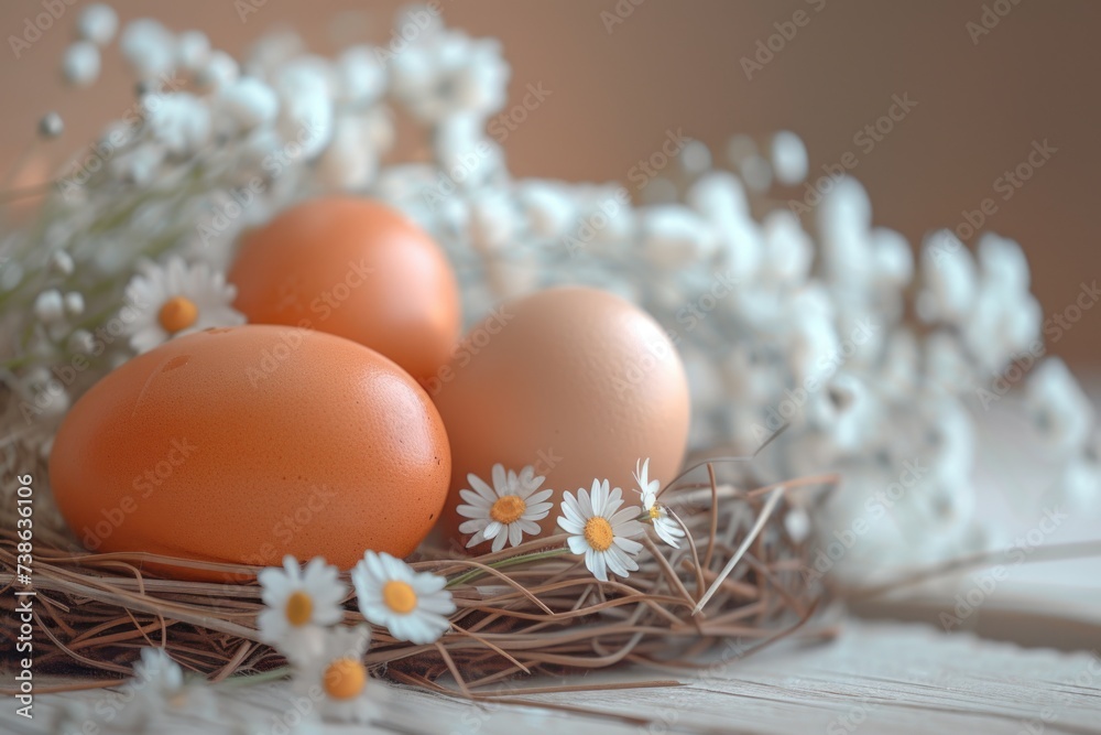 Poster three eggs in a nest surrounded by flowers on a table. perfect for easter decorations or spring-them