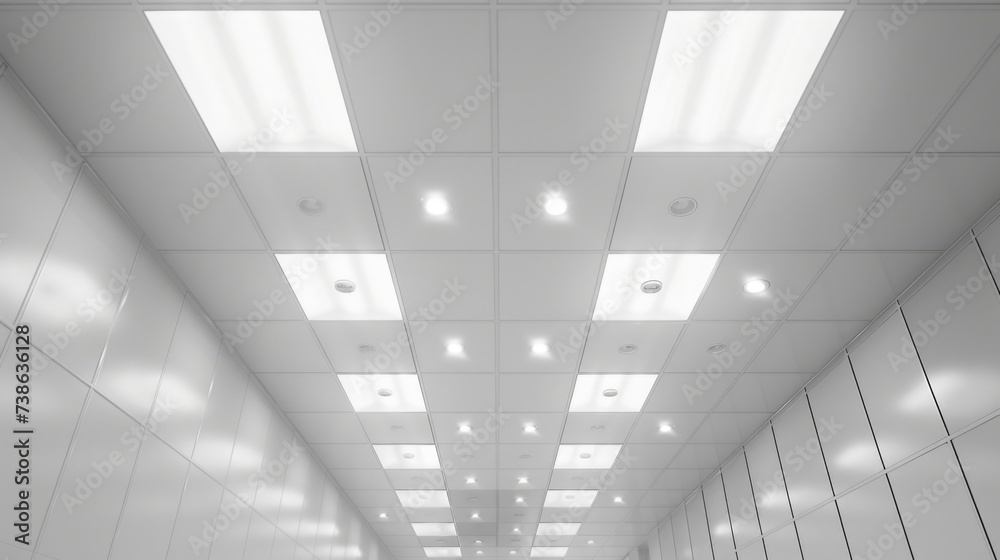 Poster A photograph of a long hallway with white walls and ceiling lights. Perfect for adding a modern and sleek touch to any design project