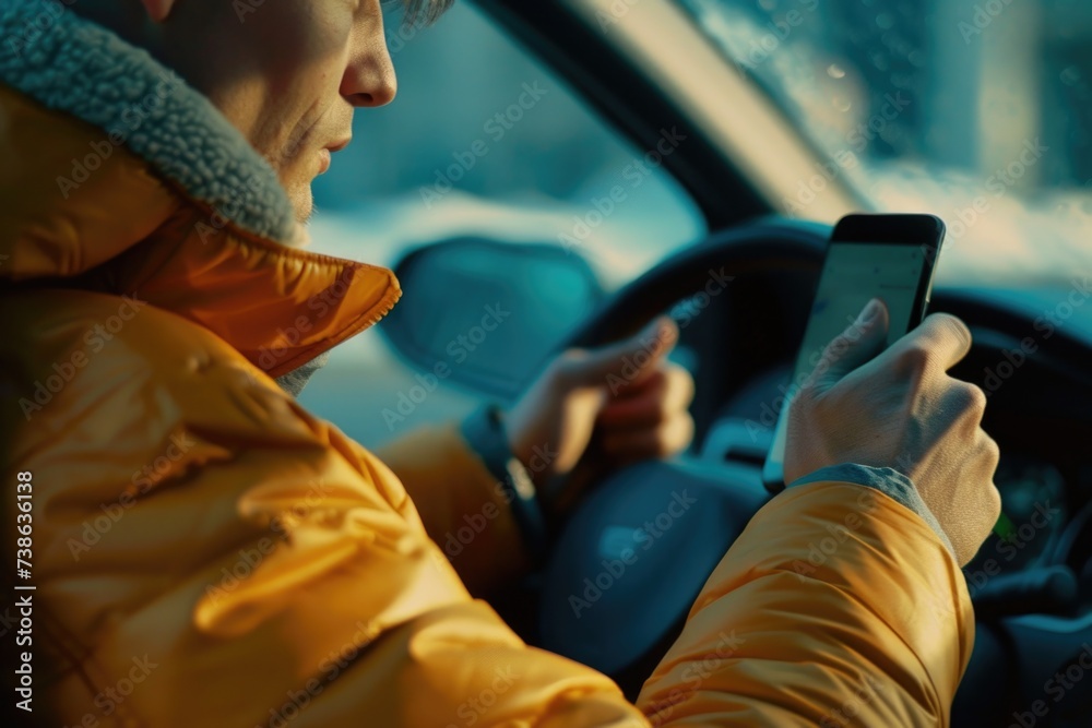 Poster A person inside a car using a cell phone. This image can be used to depict distracted driving or communication on the go