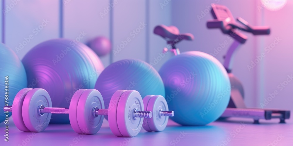Poster a row of exercise balls and a pair of dumbbells. perfect for fitness and workout concepts