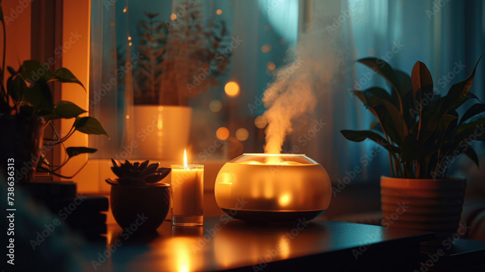 Aufkleber A lit candle sitting on top of a table next to a potted plant. Perfect for creating a cozy atmosphere or adding a touch of nature to any setting