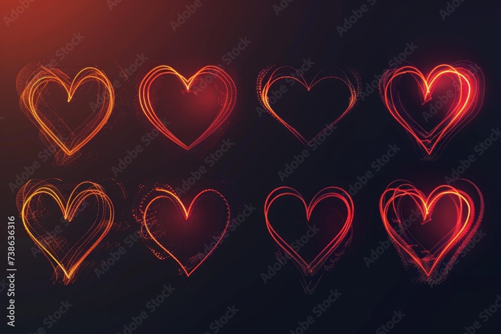 Poster A series of hearts drawn with neon lights on a dark background. Perfect for adding a romantic touch to any project