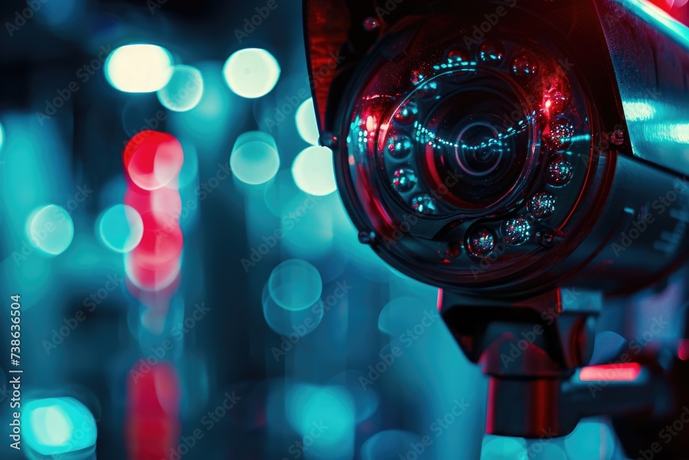 Poster close up view of a camera with blurry lights in the background. ideal for technology or photography 
