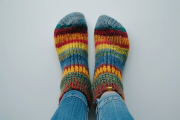 Person's feet wearing vibrant, colorful socks. Versatile image suitable for fashion, style, or comfort-related content