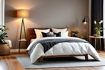 Cozy bedroom interior in modern design with craft floor lamp