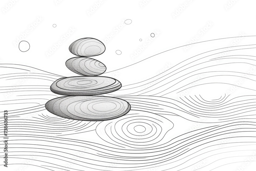 Poster a stack of rocks sitting on top of a body of water. this image can be used to symbolize balance, har