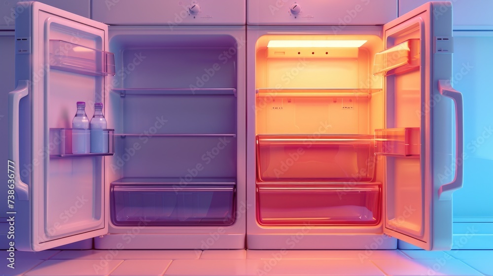 Poster an open refrigerator with its door open in a kitchen. suitable for depicting food storage and organi