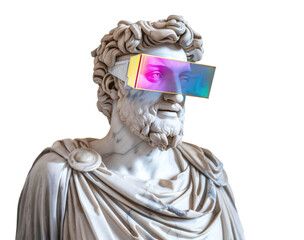 Smiling marble Greek statue wear colorful futuristic VR glasses