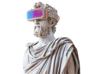 Smiling marble Greek statue wear colorful futuristic VR glasses
