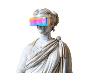 Smiling marble Greek statue wear colorful futuristic VR glasses