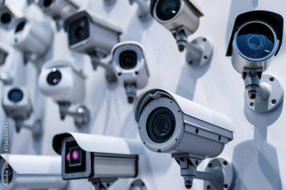 Poster a collection of surveillance cameras securely attached to a wall. this image can be used to illustra