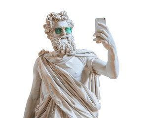 Ancient Marble Greek statue with phone wear colorful sunglasses