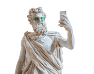 Ancient Marble Greek statue with phone wear colorful sunglasses