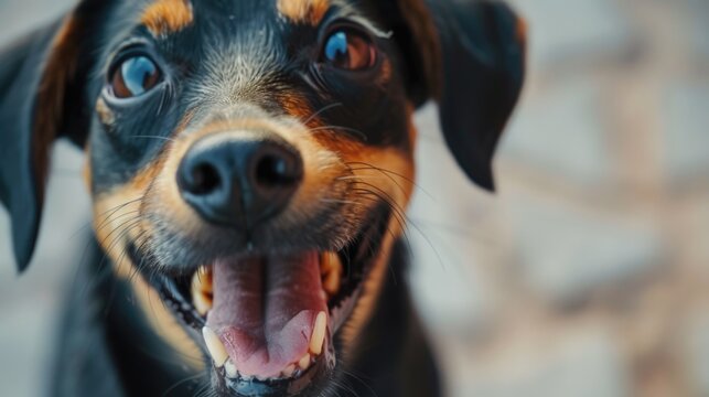 A close-up view of a dog with its mouth wide open, capturing its expressive face. This image can be used to depict excitement, playfulness, or even a dog's panting after exercise