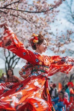 A woman wearing a red kimono gracefully dances under a tree. This image can be used to depict traditional Japanese culture or as an artistic representation of beauty and movement.