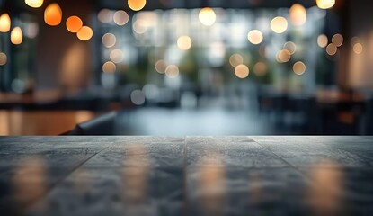 Empty wooden table in cafe setting ideal for product display featuring blurred bokeh background creating abstract for bar restaurant or coffee shop interior space for celebration business or lifestyle