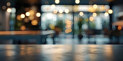 Fototapeta premium Empty wooden table in cafe setting ideal for product display featuring blurred bokeh background creating abstract for bar restaurant or coffee shop interior space for celebration business or lifestyle