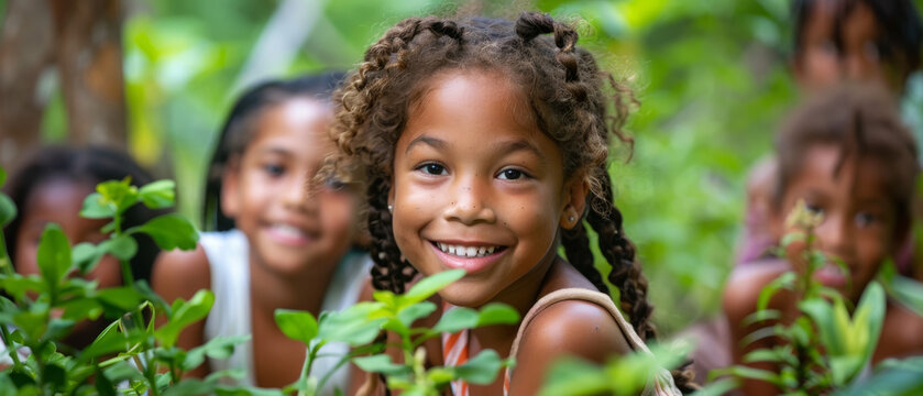 Group of joyful children learning about plant growth in a garden. Outdoor educational activity and environmental awareness concept. Design for educational materials, school garden programs