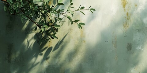 Nature inspired abstract concept with tree shadows on an olive green wall texture Suitable for text overlays or mockup posters, Generative AI 