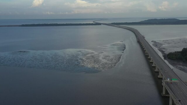 Drone view of a longest bridge in Southeast Asia, known as 'Sultan Haji Omar Ali Saifuddien bridge' previously known as 'Temburong bridge' located in Brunei Darussalam