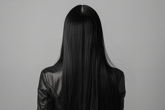 Lovely young girl with black, silky hair seen from her rear end over a white backdrop and space, Generative AI.