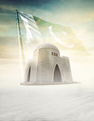 25 December Quaid-e-Azam Birthday. Youm-e-Paidaish  urdu calligraphy with mazar-e-quaid and Pakistan flag. 3d rendering illustration.	
