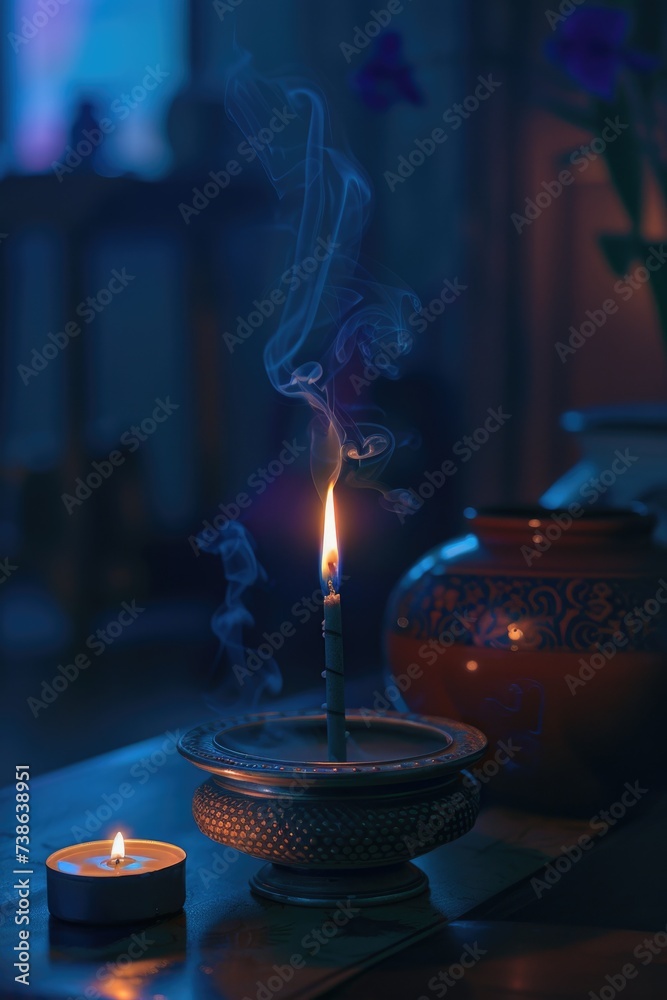 Poster a lit candle sitting on top of a wooden table. perfect for adding warmth and ambiance to any setting