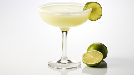Cocktail margarita and limes on a white background