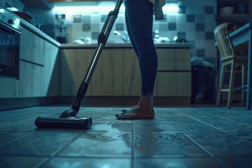 A woman is seen cleaning the floor with a mop. This image can be used for illustrating household chores or cleaning concepts