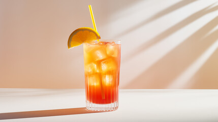 Tequila sunrise with lemon on a white background