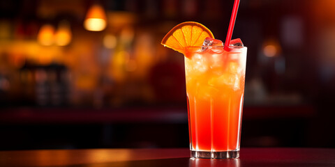 Cocktail tequila sunrise with a red straw, ice, and lemon in a dark bar