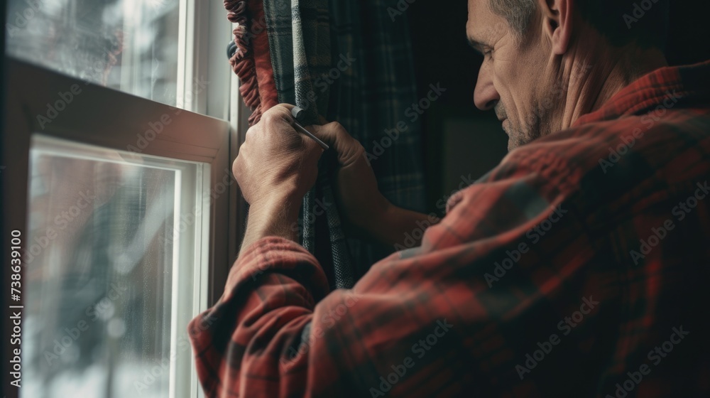 Poster a man standing by a window, observing the snowfall outside. perfect for winter-themed projects or ca