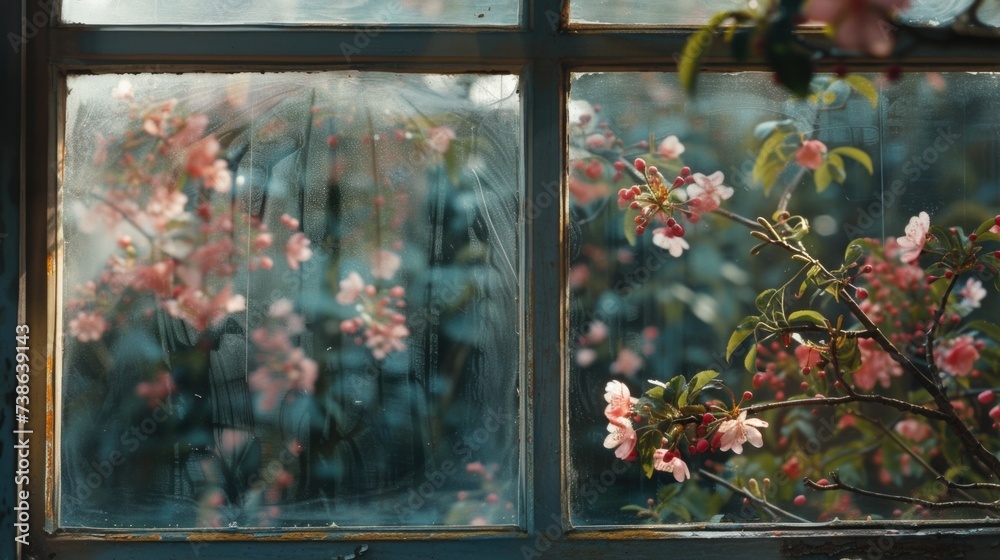 Poster A window providing a view of a tree. Can be used to depict a peaceful and natural environment