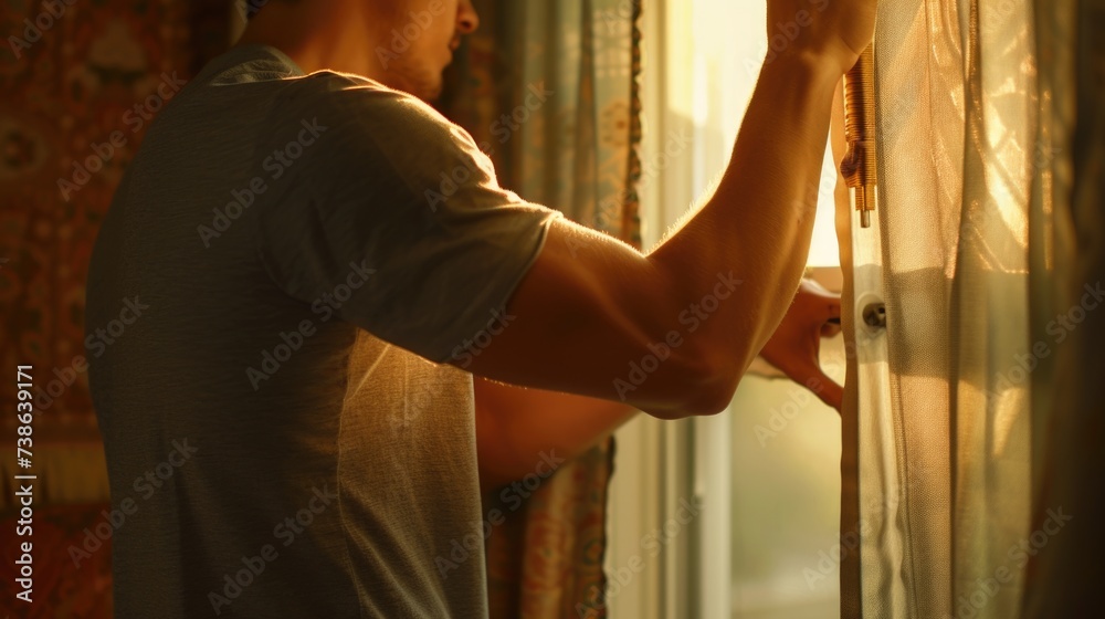 Poster A man standing in front of a window with a curtain. Suitable for various uses