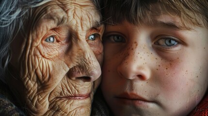 An old woman and a young boy looking directly at the camera. Suitable for family, generations, and relationships themes