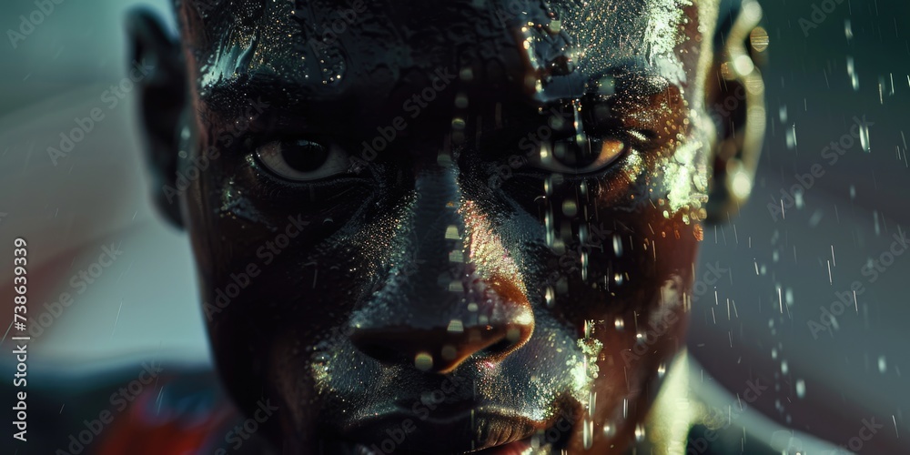 Poster Close up of a man's face in the rain. Suitable for various concepts and themes