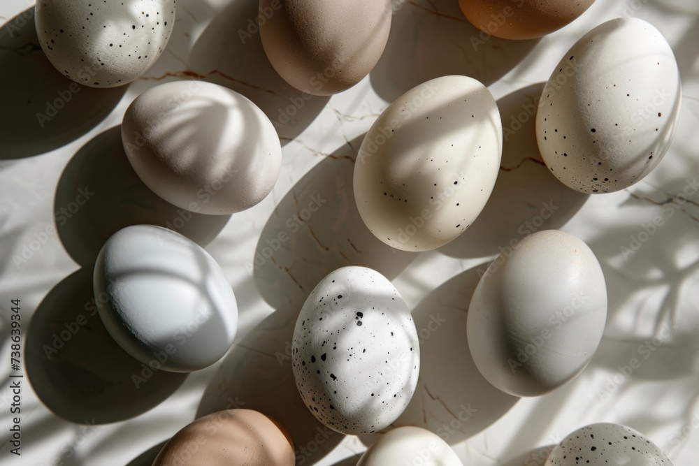 Poster a group of eggs sitting on top of a table. ideal for food and cooking related projects