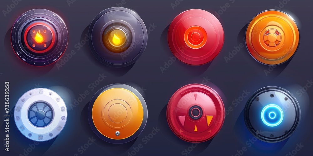 Poster A set of different colored buttons on a black background. Ideal for web design and graphic projects
